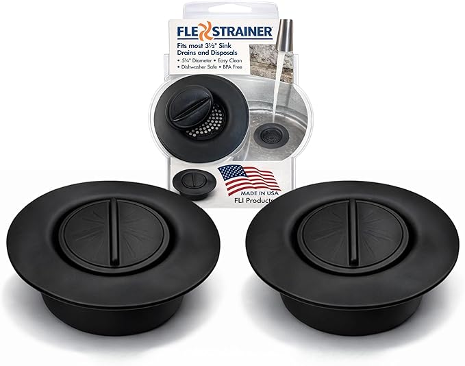 Flex Strainer® Sink Drain Strainer with Optional Stopper – No Center Stem, Fits Standard 3½” Sink Drains & Disposals – Easy Clean, Dishwasher Safe – Made in USA – Black, 2-Pack