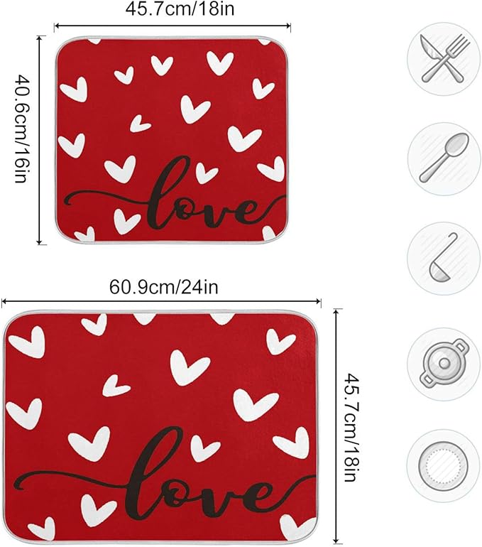Happy Valentine's Day Dish Drying Mat for Kitchen Red White Love Heart Microfiber Drying Mats Absorbent Reversible Dish Pad Medium Dish Draining Mat 16x18 inch