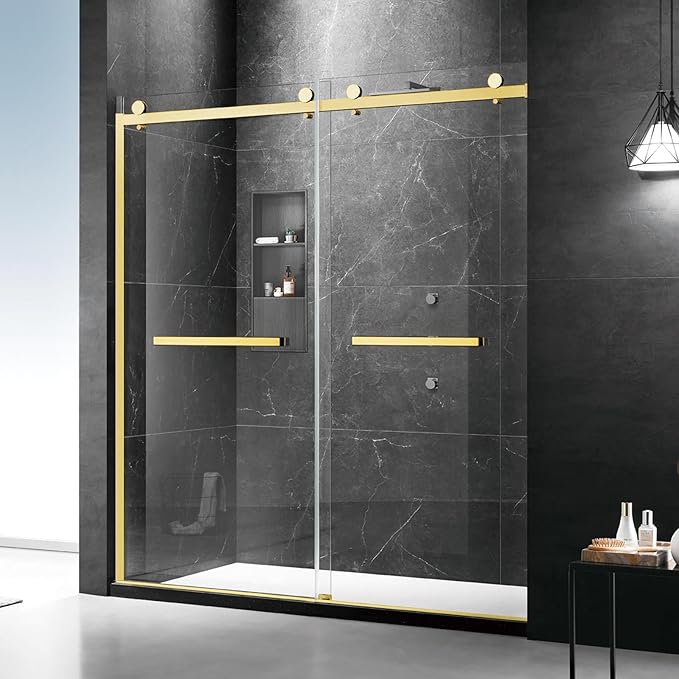 Milano Framed Shower Door, 48 in.W x 74 in.H Double Sliding Shower Door 5/16"(8mm) Clear Tempered Glass, 18 inch Pull Handle, Stainless Steel Hardware, Brushed Gold Finished
