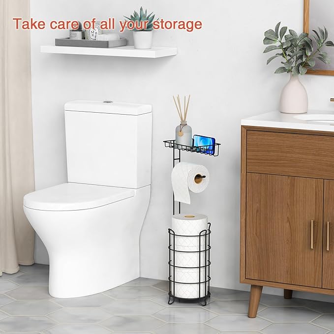 Matte Black Free Standing Toilet Paper Holder Stand with Shelf, Freestanding Bathroom Tissue Dispenser with Wipes Storage, Floor Toilet Paper Holder with Phone Tray for Large Mega Rolls