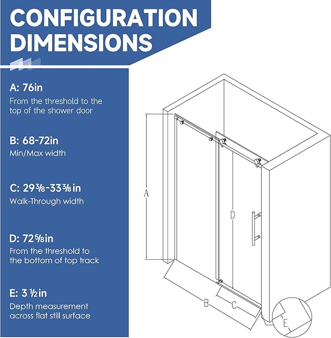 Frameless Sliding Shower Door 72” W x 76” H, 3/8” Tempered Glass, Single Bypass Shower Enclosure with Reversible Door, Quiet Rollers, Anti-Jump Safety System,Matte Black Stainless Steel