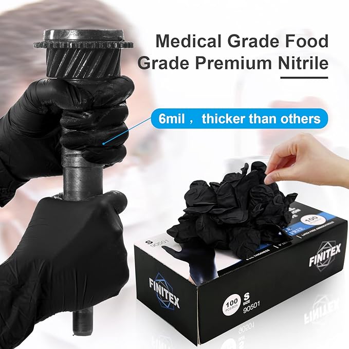FINITEX Black Nitrile Disposable Medical Exam Gloves - 100/1000 PCS 6.3mil Powder-Free Latex-Free Food Gloves