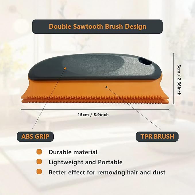 Pet Hair Removal Set with Double-Sided Carpet Brush, Dustpan and Comb, Professional Cleaning Tools for Carpet, Sofa, Car Mat, Orange and Grey, 4 Pieces
