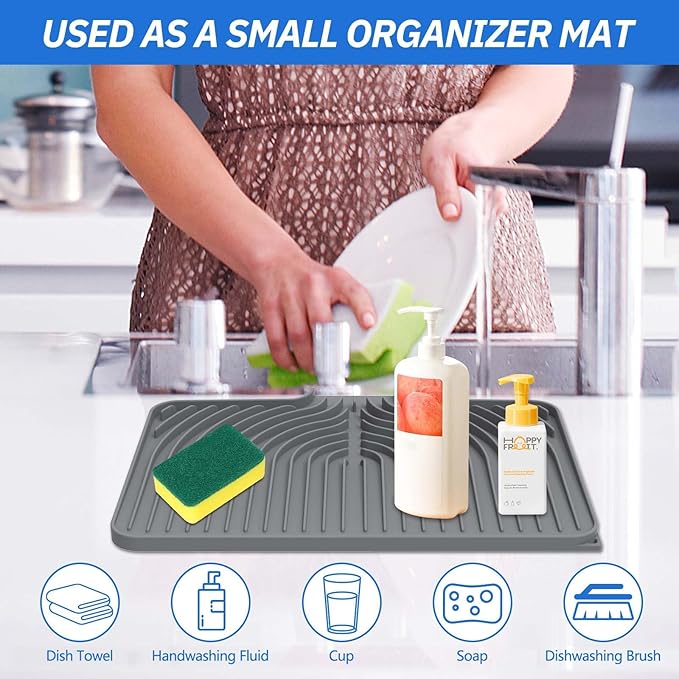 Compact Dish Drying Mat (14.7" x 10.2") - Small Silicone Drainer Mat with Spout for RV, Apartment, Kitchenette & Bar Counters, Heat Resistant