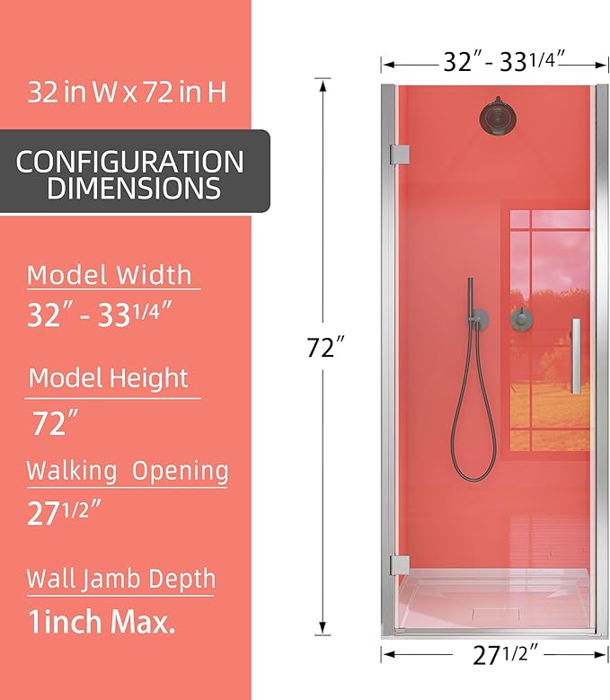GETPRO Frameless Pivot Shower Door 32 in. W x 72 in. H Swing Single Small Shower Door 1/4 inch Tempered Clear Glass Panel Adjustable Left Hinged Bathroom Door for Shower Chrome Hardwares