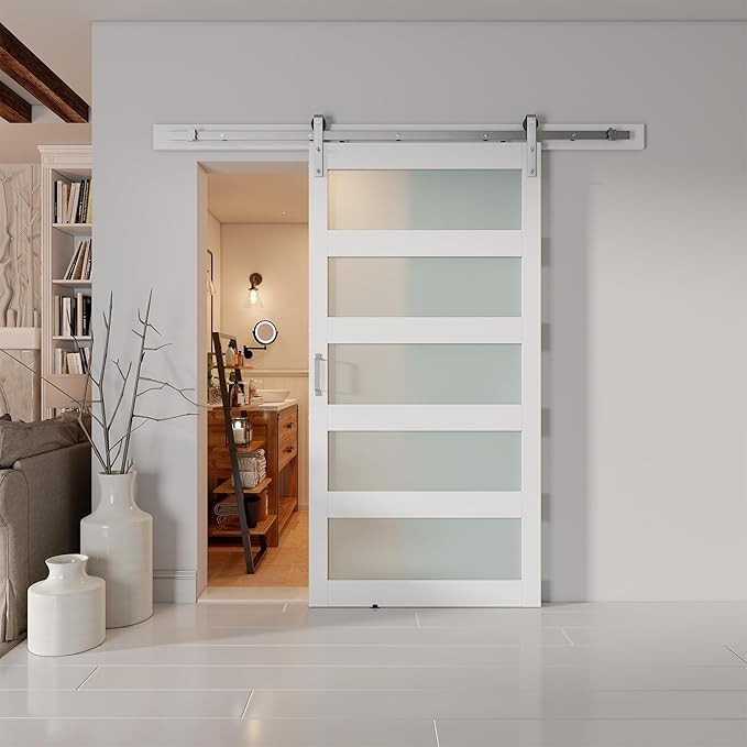 42'' x 84'' Glass Barn Door and 7 Ft Brushed Nickel Hardware Kit Included, MDF White Barn Door Slab with Frosted Glass, PVC Surface, Combined with Handle and Floor Guide-Assembly Required