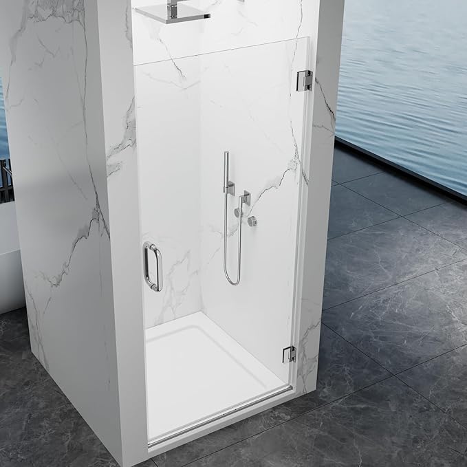 Framelss Hinged Shower Door, 36" W x 76" H Single Swing Pivot Shower Door, 3/8" (10mm) Tempered Glass with Nano Coating, Stainless Steel Handle, Glass Door for Walk-in Shower - Bright Chrome