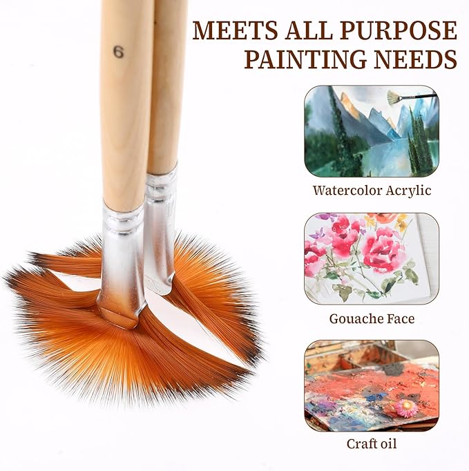 Fan Brush for Painting, 5 Pcs Artist Fan Paint Brushes Professional Anti-Shedding Nylon Hair Painting Brush with Long Wood Handle Drawing Supplies for Watercolor Oil Acrylic Painting
