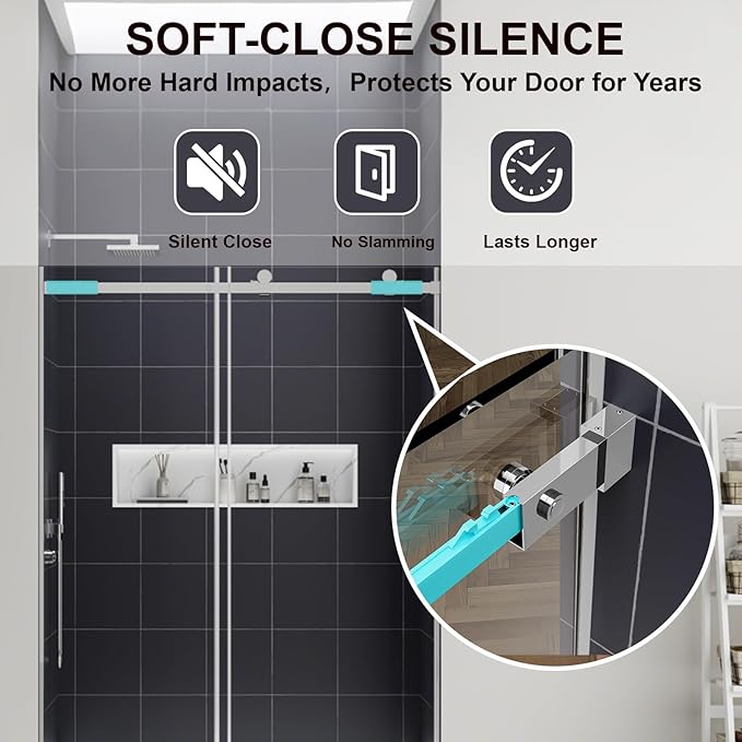 Luxury Soft-Closed Frameless Sliding Shower Door, 58–60" W x 76" H, 3/8" (10mm) Tempered Glass, Nano Coating, 304 Stainless Steel, Premium Quiet Close System - Bright Chrome
