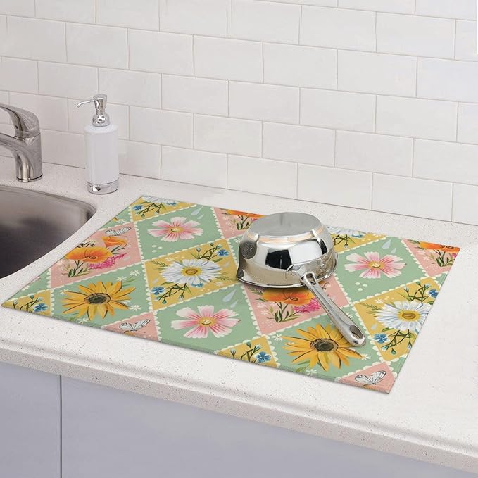 Daisy Flowers Dish Drying Mat 18x24 Inch, Microfiber Absorbent Fast Dry Mat Floral Large Dish Mat Drying Kitchen Mat, Kitchen Drying Pad for Kitchen Counter Coffee Bar Decor Gifts