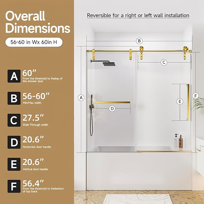 Frameless Bathtub Shower Door, 56-60" W x 60" H Single Sliding Tub Shower Glass Doors, 5/16" (8mm) SGCC Tempered Glass Bath Tub Door with Explosion-Proof Film, Brushed Gold, Easy to Clean