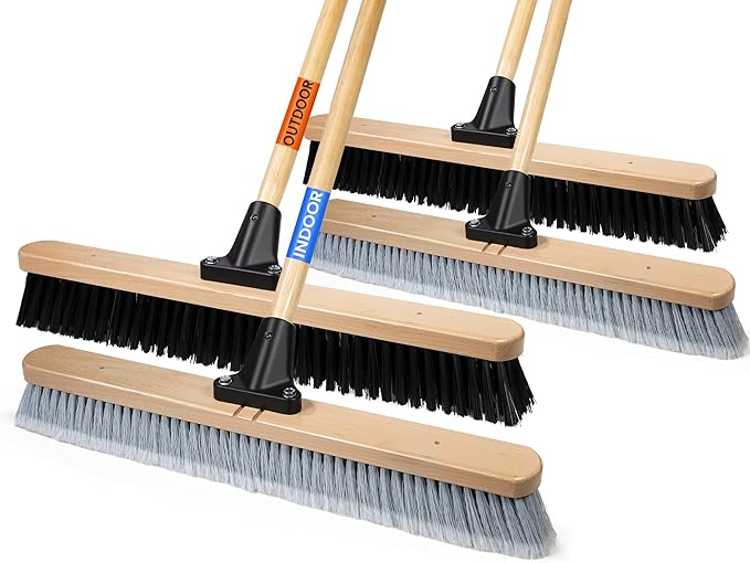 ALANNG 24” Push Brooms for Indoor and Outdoor, Heavy Duty Broom for Sweeping with 61” Wood Handle, Soft Bristle and Stiff Bristle Broom Set for Shop, Garage