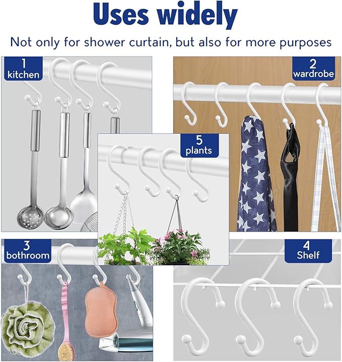 Metal Shower Curtain Hooks，Set of 12 Rings，Rust Resistant S Shaped Hooks Hangers for Shower Curtains, Kitchen Utensils, Clothing, Towels, etc. (White)