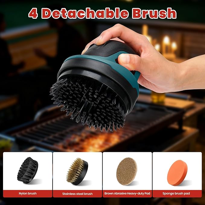 Electric Grill Brush- Waterproof Cordless Rotary Cleaning Brush with 4 Heads for Outdorr Grill,Car,Bathroom