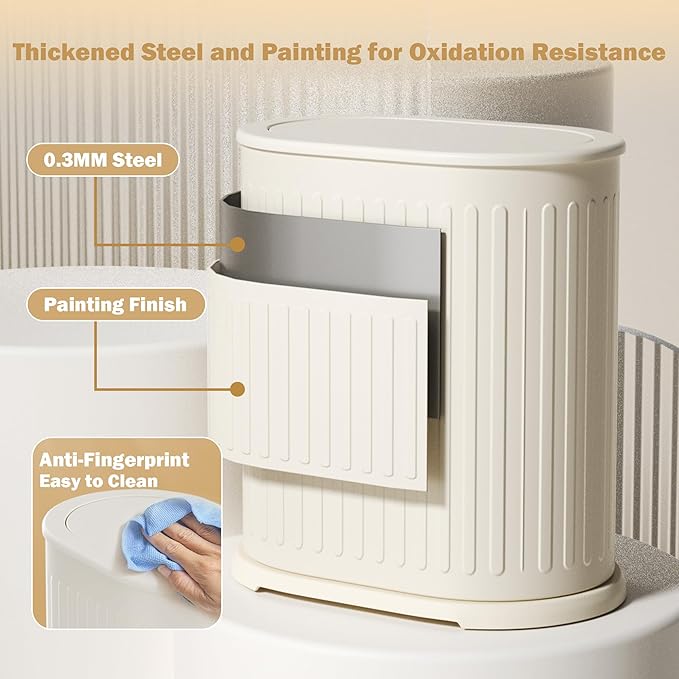 Steel Small Bathroom Trash Can with Lid Press Top 9L/2.4 Gallon Dog Proof Wastebasket with Removable Liner Bucket,Slim Bathroom Garbage Can Bin Under Desk/Sink Bedroom,Living Room,Office,Diaper