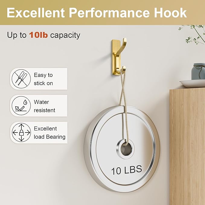 niffgaff Wall Hooks for Coat and Towel: 13lb Adhesive Door Hanger Stick On, Sticky Hook for Wall, Closet, Bathroom - Stainless Steel, Brushed Gold, 10 Pack