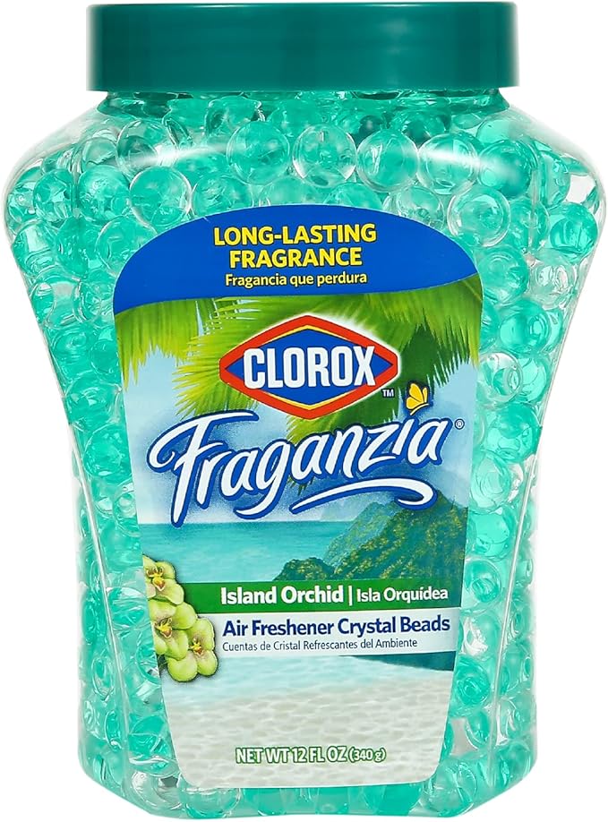 Clorox Fraganzia Crystal Beads Air Freshener, Long Lasting Room Deodorizer and Odor Eliminator Gel Beads to Freshen Home, Car, or Office, Island Orchid Scent, 12 Fl Oz - 6 Pack