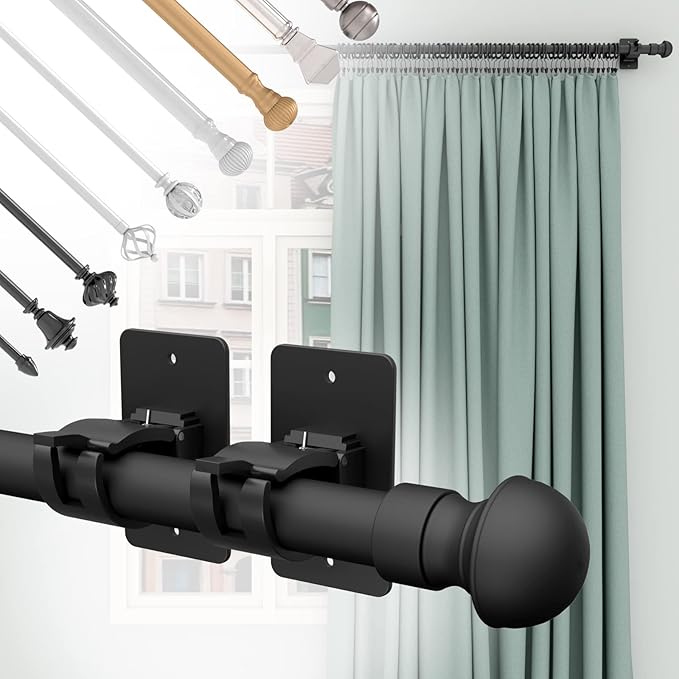 2 Pieces Self Adhesive Curtain Rod Bracket, Universal Plastic Curtain Rod Holders, No Drill Curtain Rod Brackets Curtain Rod Hooks for Bathroom, Bedroom, Livingroom, Kitchen (Black)