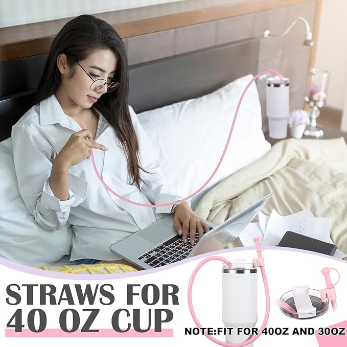 Baderke 2 Set Extra Long 35" Reusable Silicone Straws Compatible with Stanley 40 oz Tumbler Large Water Wine Bottle Flexible Drinking Straws & Cleaning Brushes Tumbler Accessories (Pink,Purple)