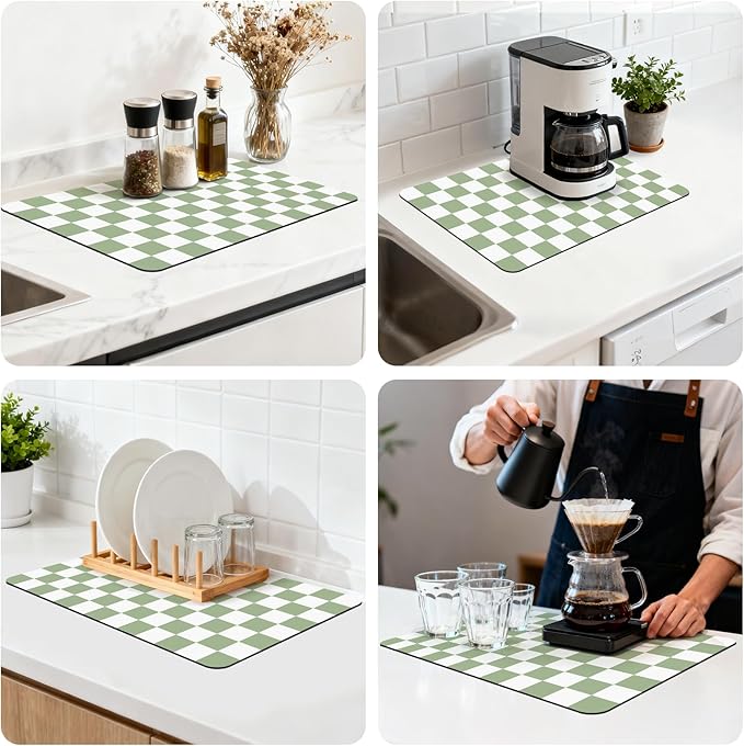 16" x 24" Checkered Dish Drying Mat for Kitchen Counter, Absorbent Coffee Bar Mat for Espresso Machine Coffee Countertops Accessories (Green)