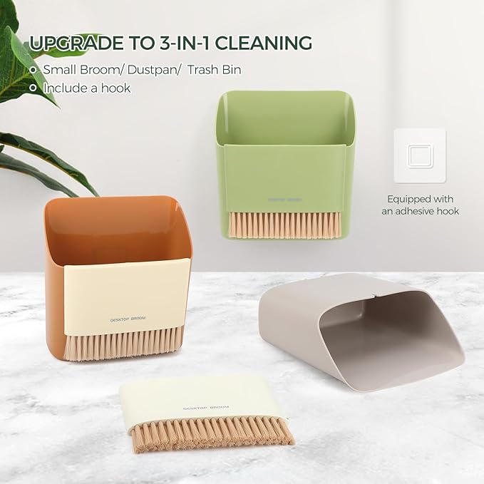 Small Broom and Dustpan Set, Portable Hand Whisk Broom Brush, Mini Hanging Trash Can, Soft Bristle Household Brooms with Dust Pan Combo Set for Cleaning Home, Desktops - 2 Pack (Green+Orange)