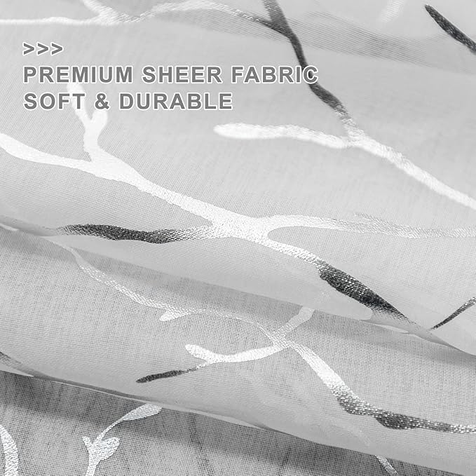 Silver White Café Curtains 45 Inch Length 2 Panels Metallic Silver Foil Tree Branch Sheer Curtains Rod Pocket Sheer Kitchen Curtains over Sink Rod Pocket Privacy Kitchen Window Curtains, 52 x 45 Inch