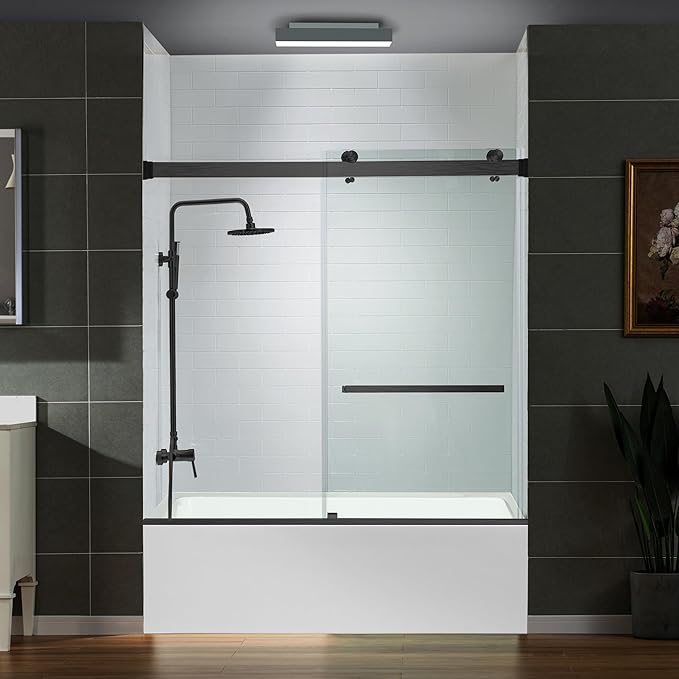 Woodbridge Frameless Bathtub Shower Doors 56-60" Width x 66" Height with 5/16"(8mm) Clear Tempered Glass, 2 Ways Opening & Double Sliding in Matte Black Finish