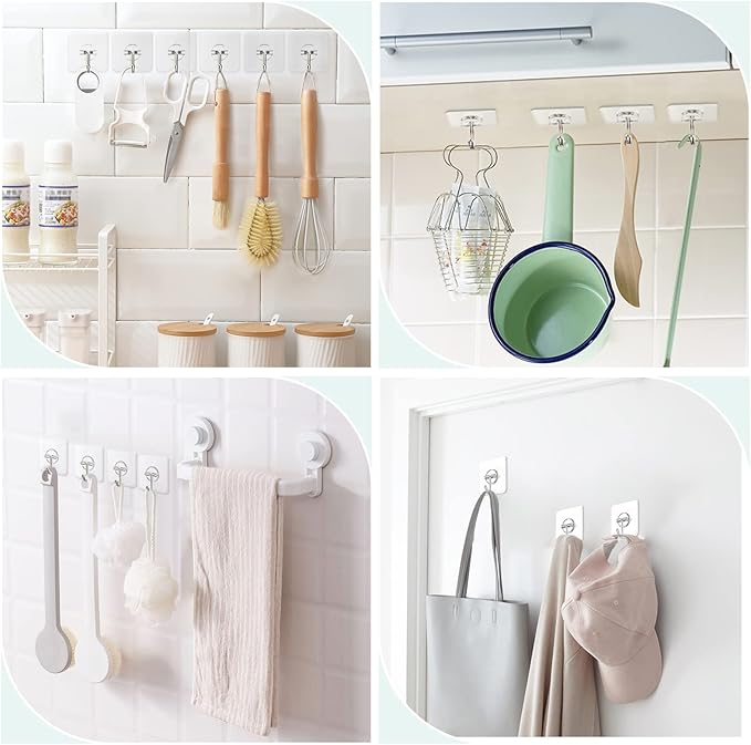 Adhesive Wall Hooks for Hanging, Clear Removable Window Hooks 13 lb Stainless Steel Stick on Hooks Waterproof Self Adhesive Hooks for Shower Door Ceiling Kitchen Cabinet 24 Pack