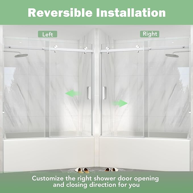 KPUY Frameless Sliding Bathtub Door, 55-60" W x 60" H Tub Shower Door, 1/4" (6mm) Thick Tempered Clear Glass with Explosion-Proof Film Nano Coating, Brushed Nickel