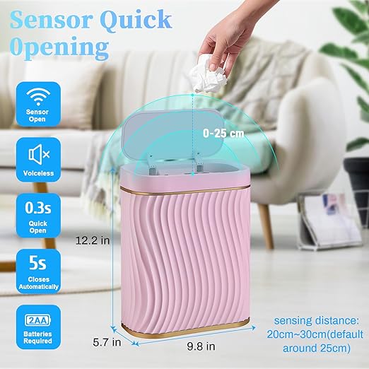 steo spce Bathroom Small Trash Can with Automatic Touchless Lid, 2.6 Gallon Smart Garbage Can Narrow Waterproof Trash Bin for Bedroom, Office, Living Room (Gold Pink)