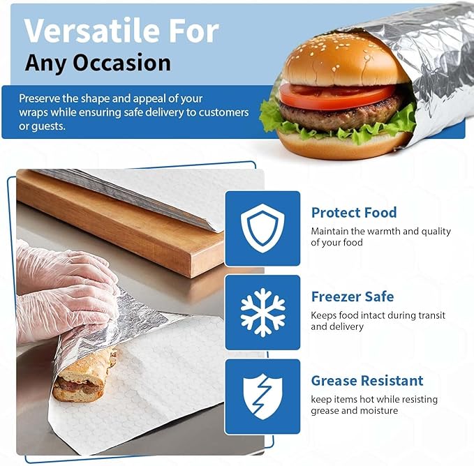 ANGEL’S PEEL LOUNGE Heavy Duty Aluminum Foil Sheets — Precut Tinfoil Wraps For Burritos, Sandwiches, Burgers, Hot Dogs, Grease-Resistant, Heat Insulating Wrapping Paper, 10.75inx14in 100-PCS