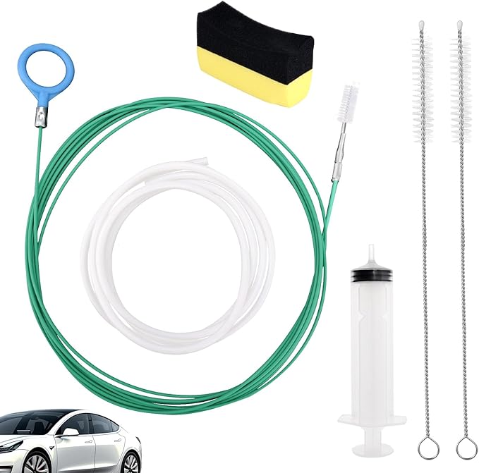 Car Sunroof Drain Cleaning Tool, Extra Long Flexible Wire Cleaner Unclogger with Straight Brush Syringe Leather Hose & Sponge for Auto Sun Roof Cover Windshield AC Line Pipe Detailing