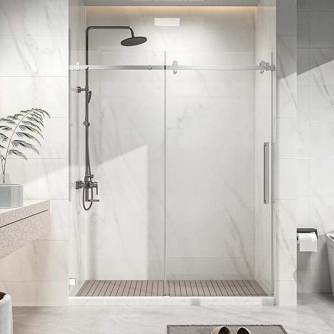 Frameless Shower Door 60" W x 72" H, 1/4" Clear Tempered Glass, Sliding Design, Reversible Installation, Chrome Finish, Space-Saving Glass Shower Door for Small Bathrooms