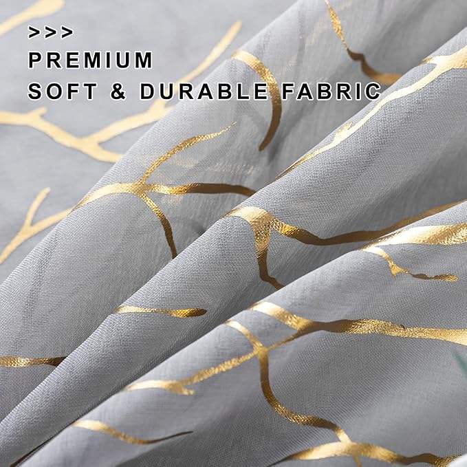 FINECITY Gold Grey Sheer Curtains 63 Inches Length 2 Panels Metallic Gold Foil Tree Branches Pattern Sheer Curtains for Bedroom Rod Pocket Privacy Sheer Window Curtains, 52 x 63 Inch