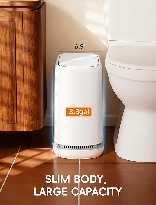 Bathroom Trash Can with Lid, Slim 3.3 Gallon Vacuum adsorption Garbage Bin, Narrow Press Top Waste Basket for Odor Control & Dog Proof for Bathroom Bedroom Office Home