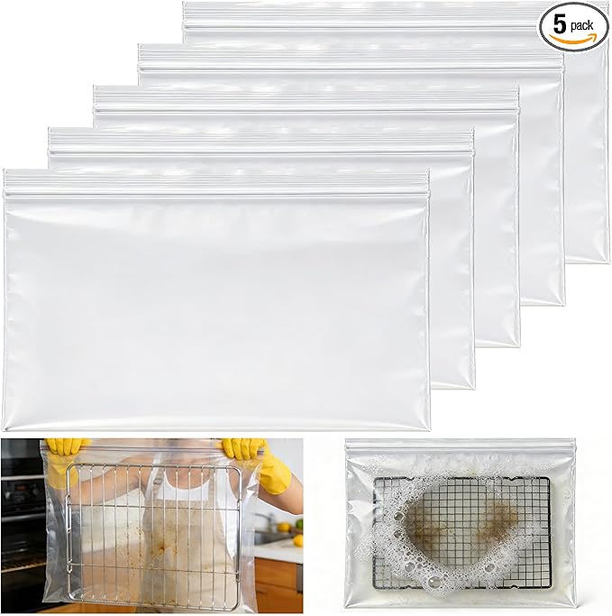 Oven Rack Cleaning Bags 19.6 x 27.5 Inch, 5 Pack Heavy-Duty No-Scrub Oven & Grill Soaking Bags with Side Zipper Opening, Reusable Leak-Resistant Cleaning Pouches