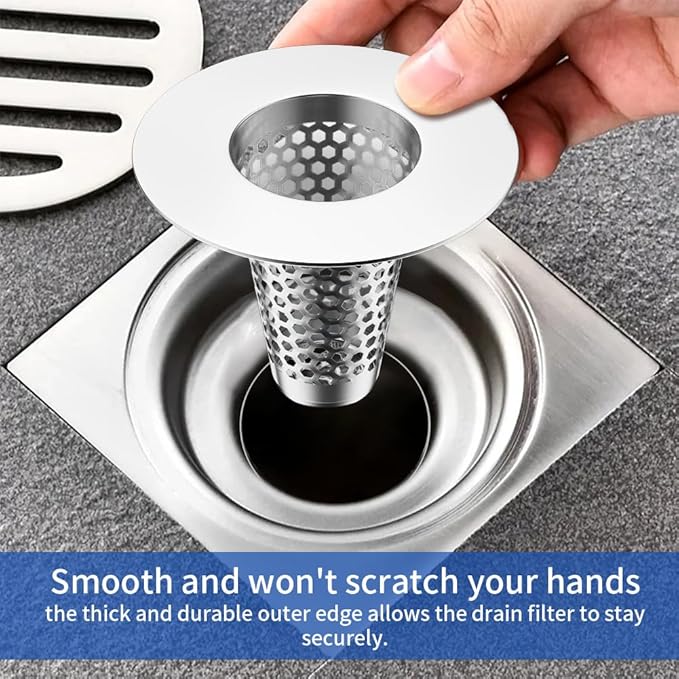 2Pack Bathroom Sink Drain Strainer, Reusable Sink Strainer Bath Tub Hair Catcher, Stainless Steel Cone Shaped Floor Drain Replacement Fit Hole Size 1.2"-1.6"