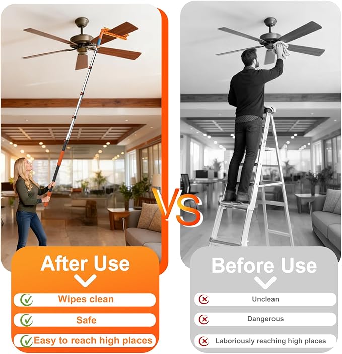 26FT Reach Ceiling Fan Cleaner Duster, Fan Blade Cleaner Kit with 5-20FT Extension Pole, Microfiber Duster & Replaceable Cleaning Cloth for Blades, Ceiling, Furniture