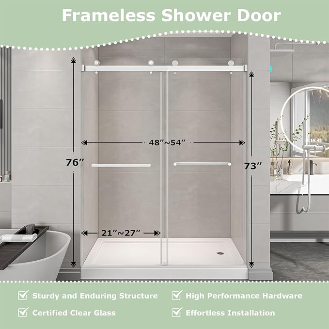 49"- 54" W x 76" H Frameless Shower Door, Double Sliding Shower Door,5/16"(8mm) Clear Tempered Glass,Easy Sliding Shower Door with Explosion-Proof Film (Brushed Nickel 54" Wx76 H)
