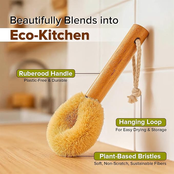 Coconut Fiber Dish Brush with Handle – Natural Dish Scrubber Brush for Kitchen Sink & Pots – Eco-Friendly Dish Cleaning Brush with Built-in Scraper, Sink Scrubber, and pan Cleaning Brush