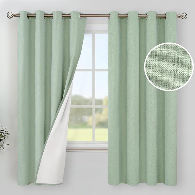 YoungsTex Light Green Linen Blackout Curtains for Bedroom 63 Inches Long - Thermal Insulated Drapes with Grommet Room Darkening Boho Spring Decor for Living Room Window, 2 Panels, 52 X 63 Inch