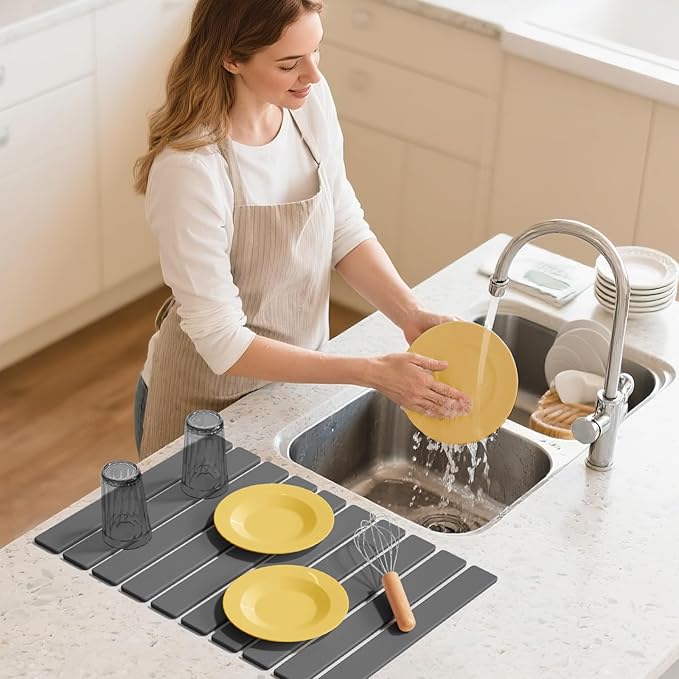 Stone Dish Drying Mats for Kitchen Counter-23.6“x 15.3”,Eco-Friendly,Foldable quick dry stone mat kitchen,Absorbent Diatomaceous Earth Mats for Dishes Bottles Cups Bathroom Any Countertop-Dark Gray