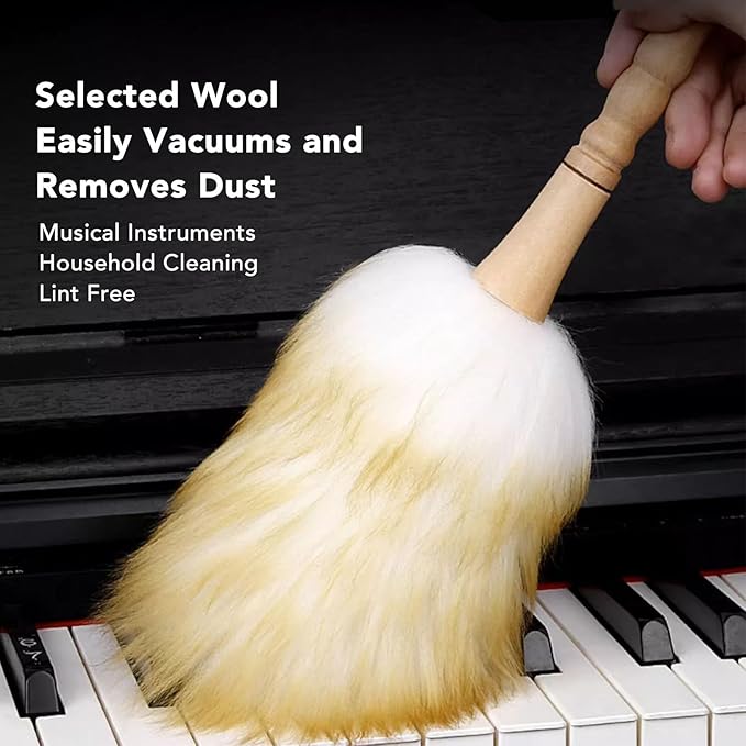 SUNGOOYUE Lambswool Duster with Solid Beech Wooden Handle, Anti Static Multifunctional Long Feather Duster for Office Home Blinds Table Piano with Soft Lambswool (Short Handle)