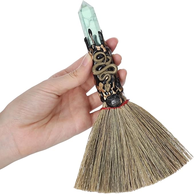 Witch Crystal Altar Broom - Witchcraft Supplies Wiccan Decor Snake Altar Supplies with Green Fluorite Natural Healing Crystals Reiki Energy Emotional Regulation Crafts