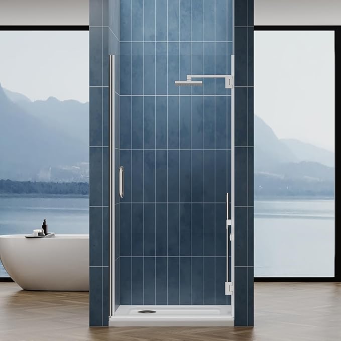 Framelss Hinged Shower Door, 36"W x 76"H Single Swing Pivot Shower Door, 3/8" (10mm) Tempered Glass with Nano Coating, Stainless Steel Handle, Glass Door for Walk-in Shower - Brushed Nickel