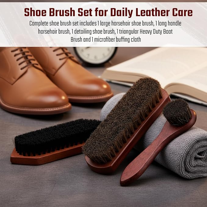Vesici 5 Pcs Horsehair Shoe Polish Brush Kit Horse Hair Brush for Leather Boot Brushes Microfiber Cloth Leather Shine Polish Shoe Care Scrubber Clean Dauber Applicators