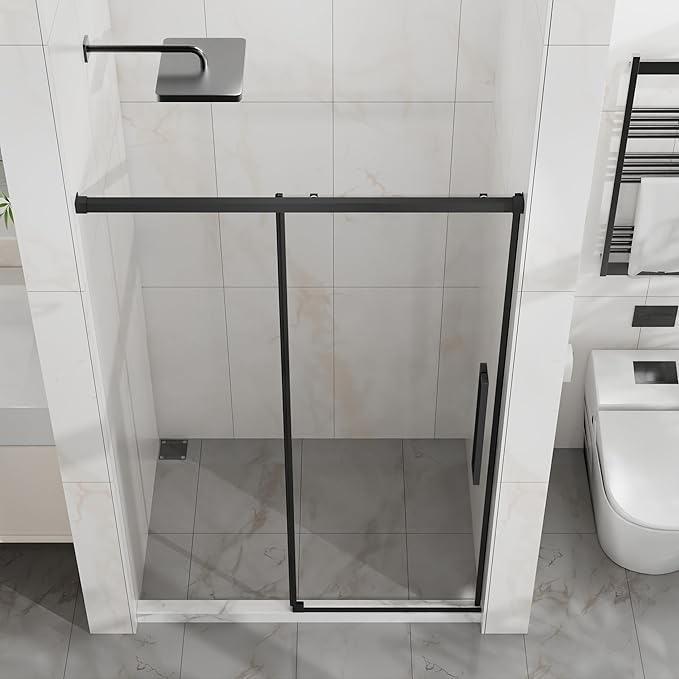 Semi-Frameless Shower Door 48" W x 72" H, 1/4" Clear Tempered Glass, Sliding Design, Reversible Installation, Matte Black Finish, Space-Saving Glass Shower Door for Small Bathrooms