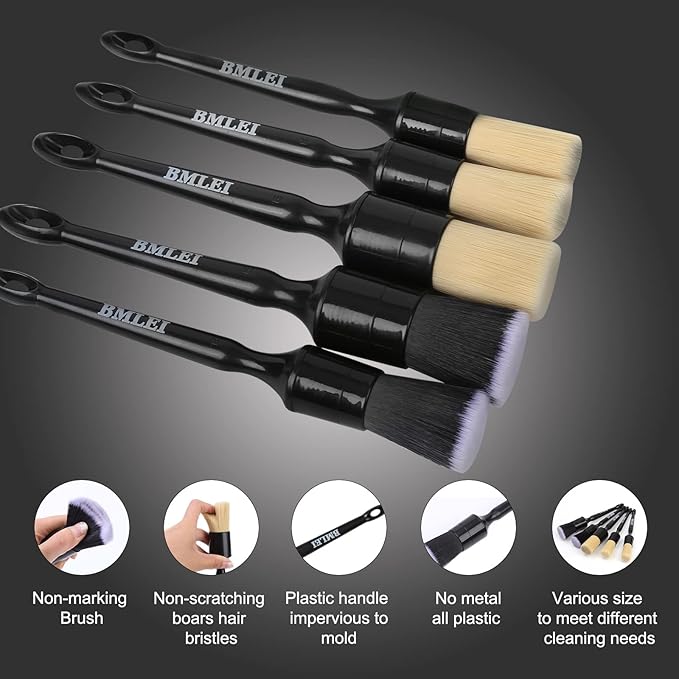 5pcs Car Detailing Brushes Set, Boars Hair Auto Car Detail Brush Kit No Scratch, Ultra Soft Car Duster Brushes Perfect for Interior, Exterior Cleaning, Wheels,Tires,Leather Seats…