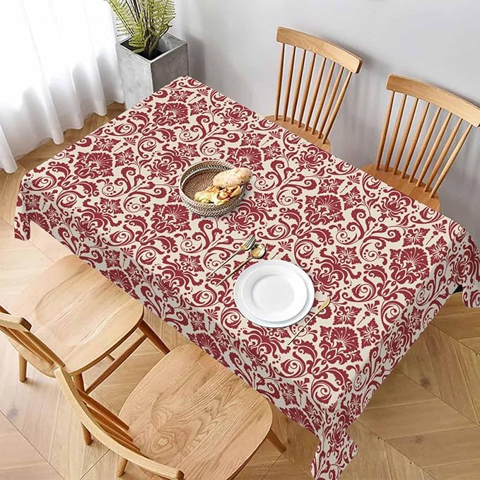 Vintage Damask Rectangular Tablecloth Red Floral 52x70 Table Cloth for Wedding Party Banquet,Dining Kitchen Rustic Table Cover