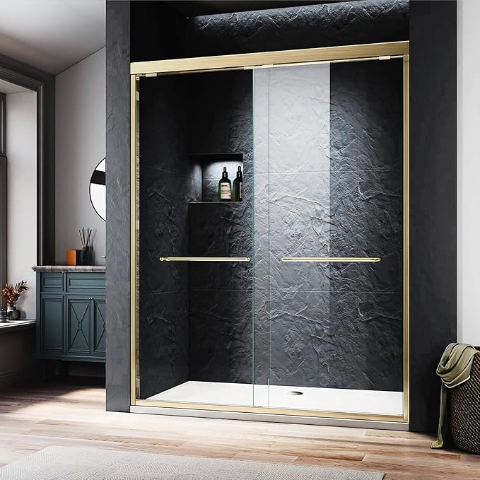 Brushed Gold Glass Shower Door 50-54'' W x 72'' H with 4'' Adjustable Rail,Bathroom Double Sliding Door with 1/4'' Clear Tempered Glass,Semi-Frameless 304 Stainless Steel Hardware